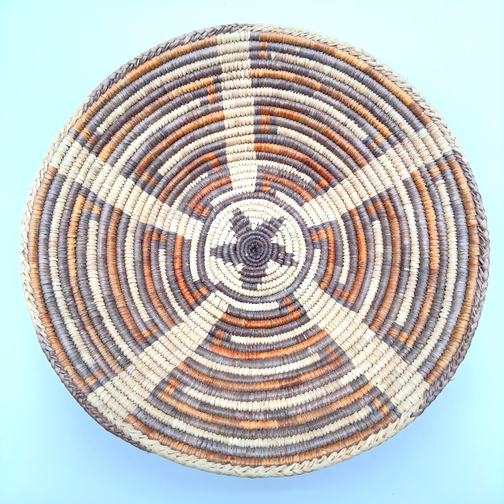 Hand Woven Coiled Basket 15.5" Southwestern Design Bowl Wall Decor Boho Tribal